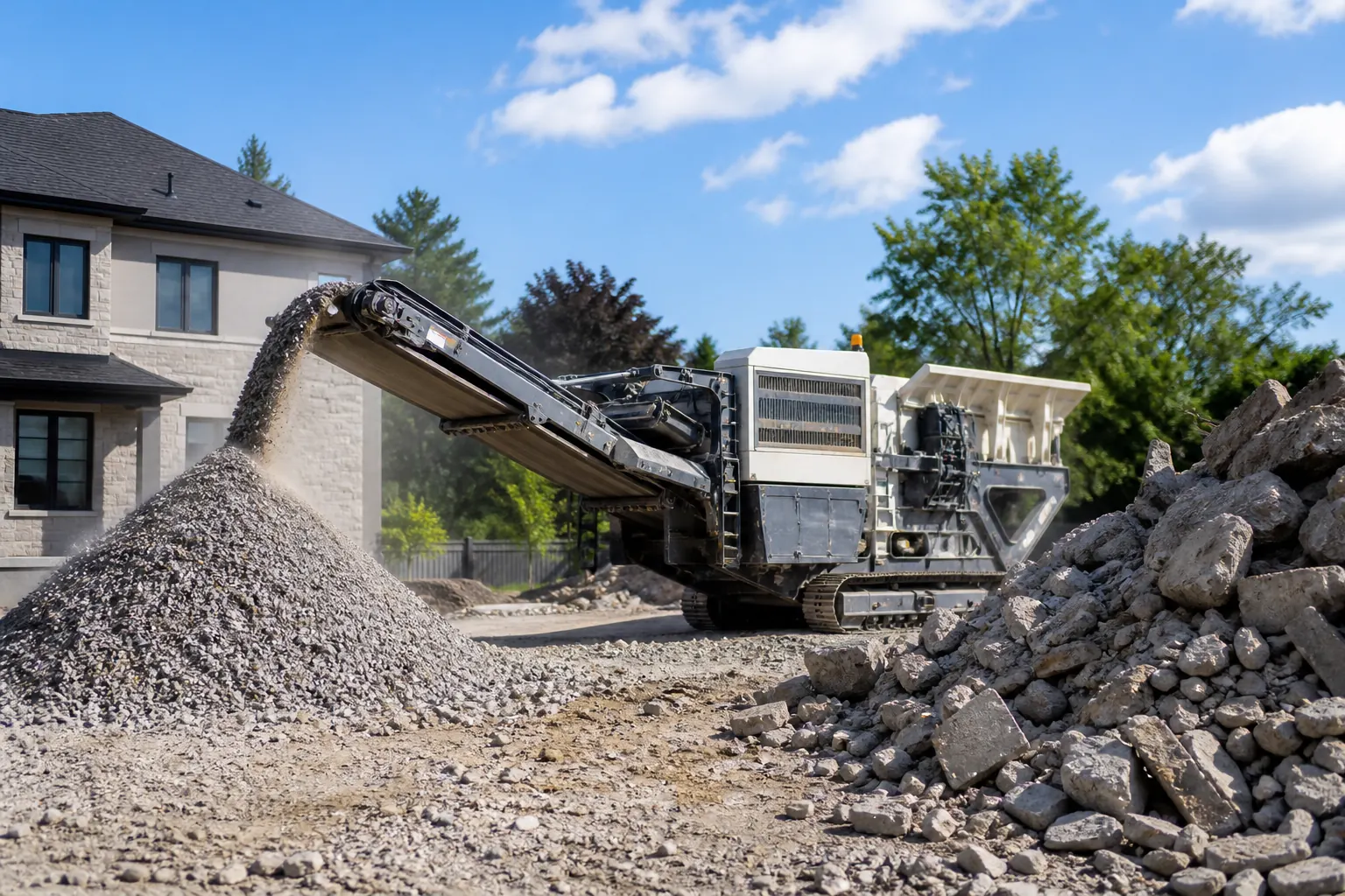 Mobile crusher processing a long-standing pile of demolition waste at a residential property in Ontario