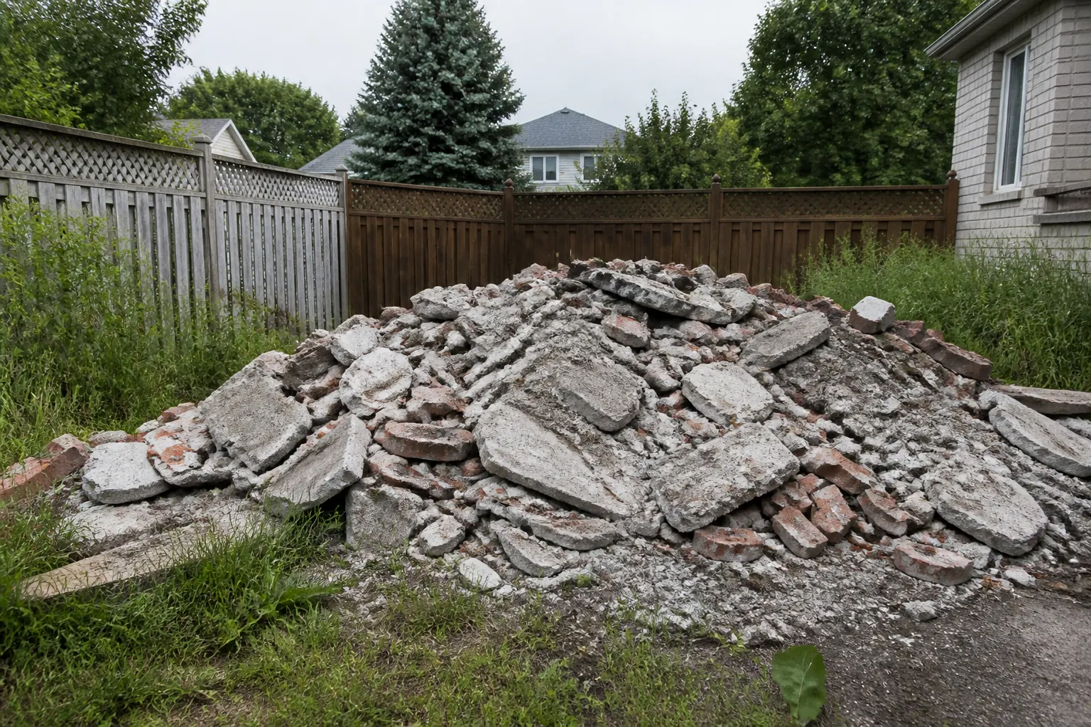 Large pile of old concrete rubble and construction debris sitting in a residential backyard in Ontario