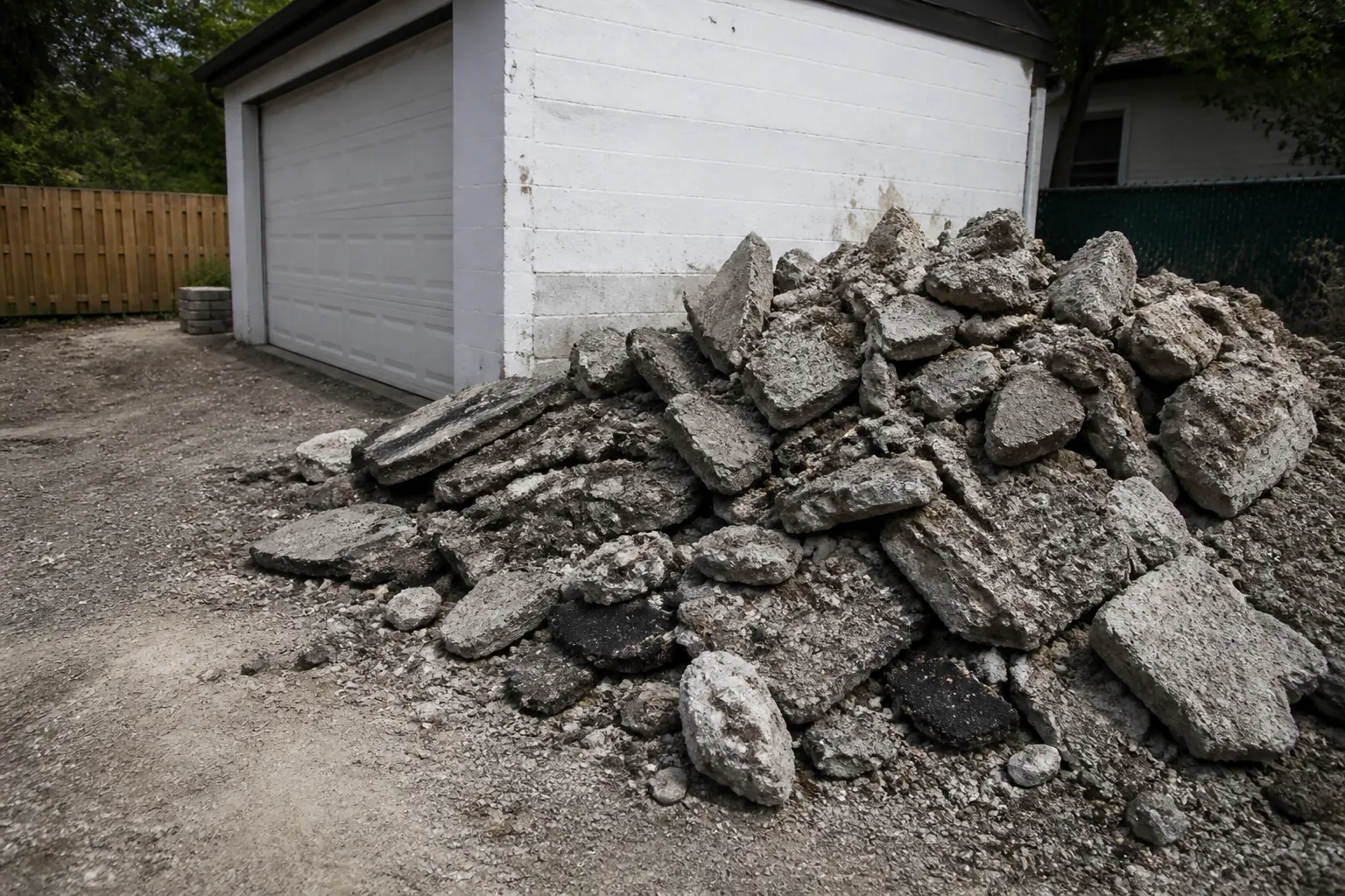 Renovation debris including concrete chunks and old patio material piled beside a garage in a GTA backyard