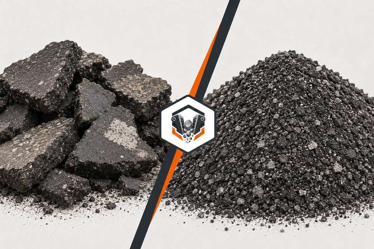 Before and after old asphalt crushing — large asphalt chunks transformed into fine recycled aggregate