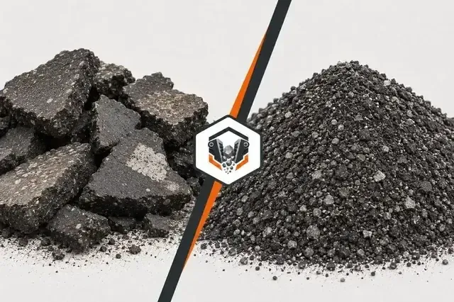 Before and after old asphalt crushing — large asphalt chunks transformed into fine recycled aggregate