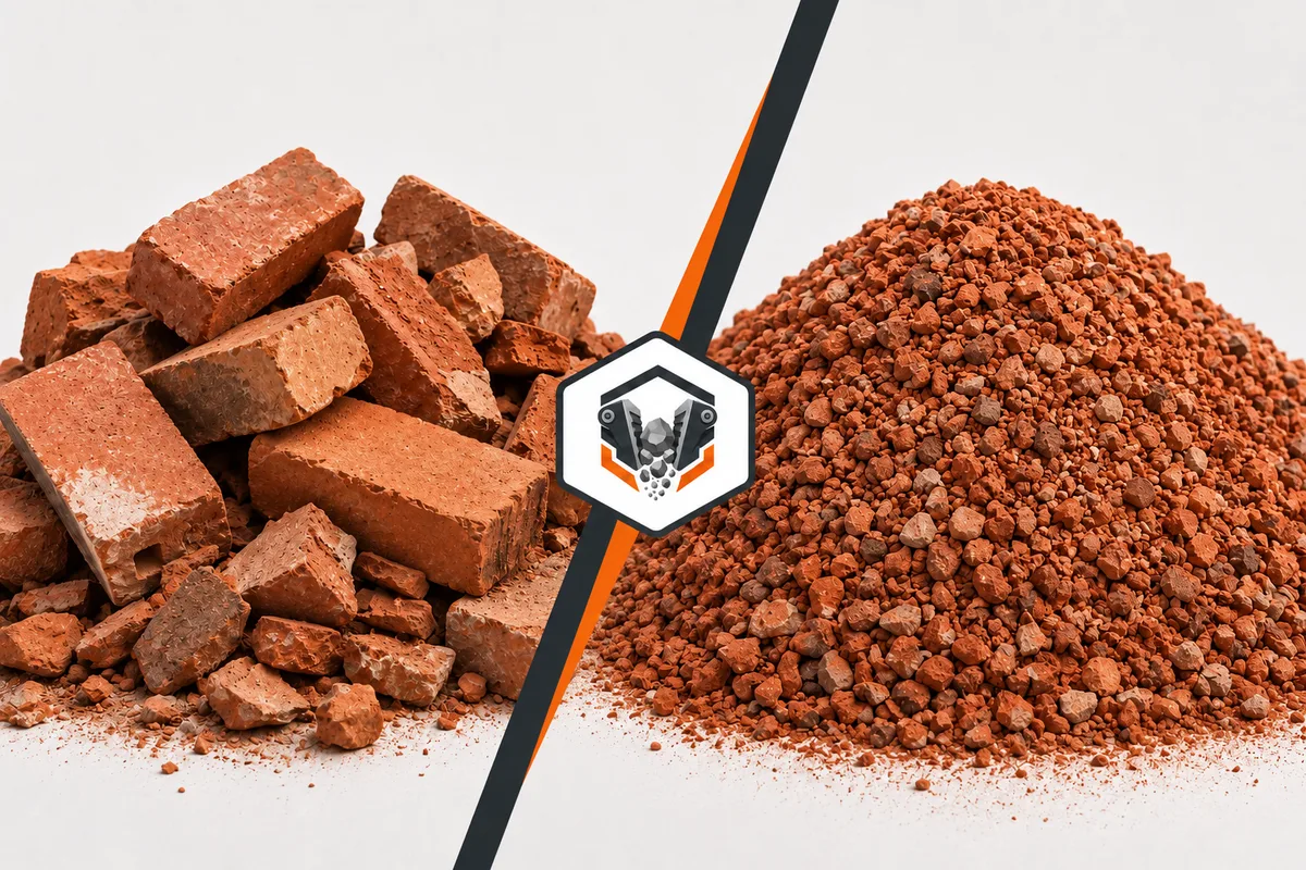 Before and after bricks crushing — whole bricks transformed into reusable red brick aggregate