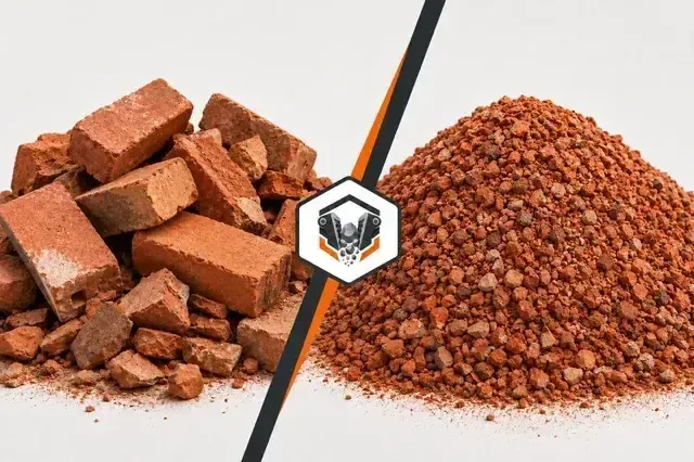 Before and after bricks crushing — whole bricks transformed into reusable red brick aggregate