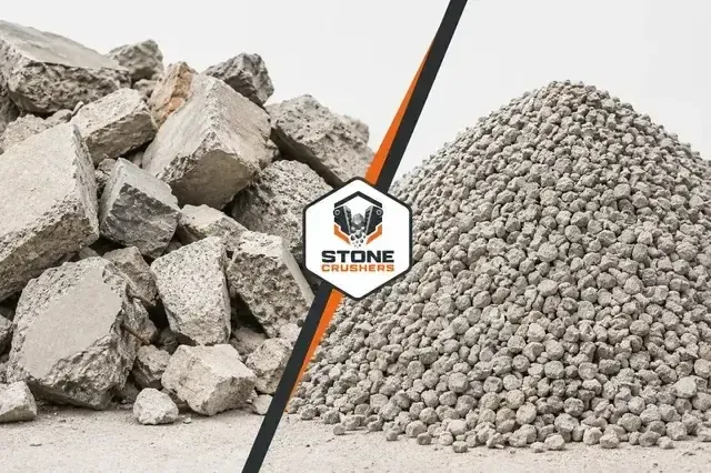 Before and after concrete crushing — rubble transformed into reusable aggregate