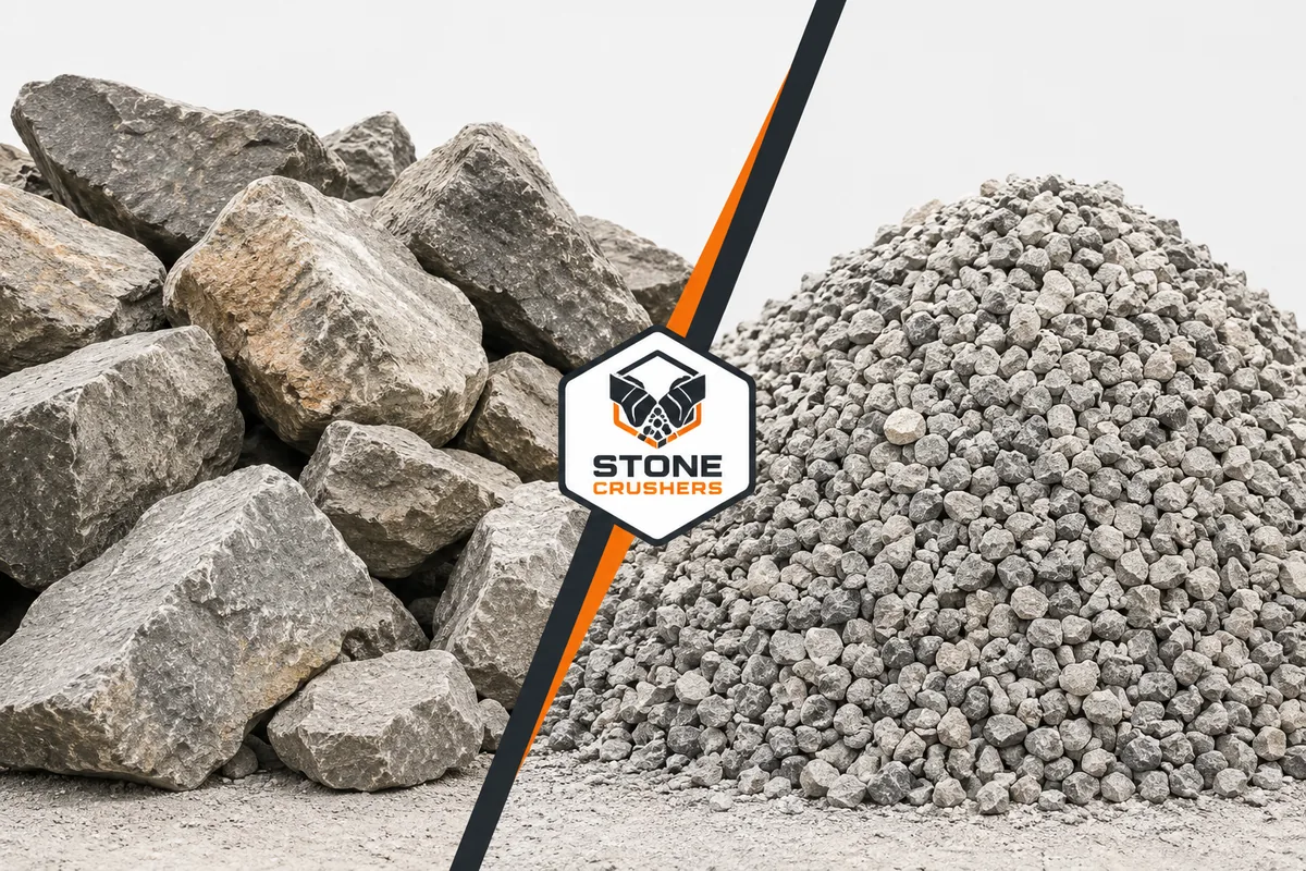 Before and after stone crushing — large rocks processed into uniform gravel