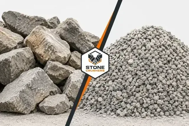 Before and after stone crushing — large rocks processed into uniform gravel